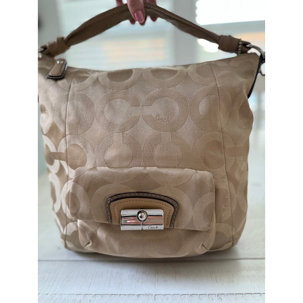 Coach Light Taupe Turnlock Canvas Shoulder Bag